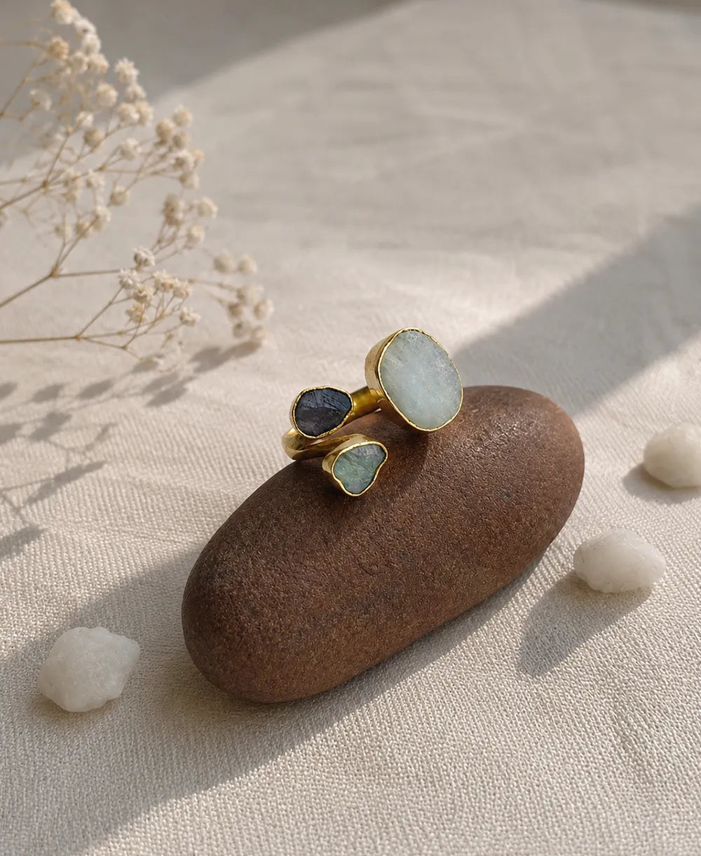 Moonstone, Smoky Quartz & Aquamarine Trio Adjustable Ring