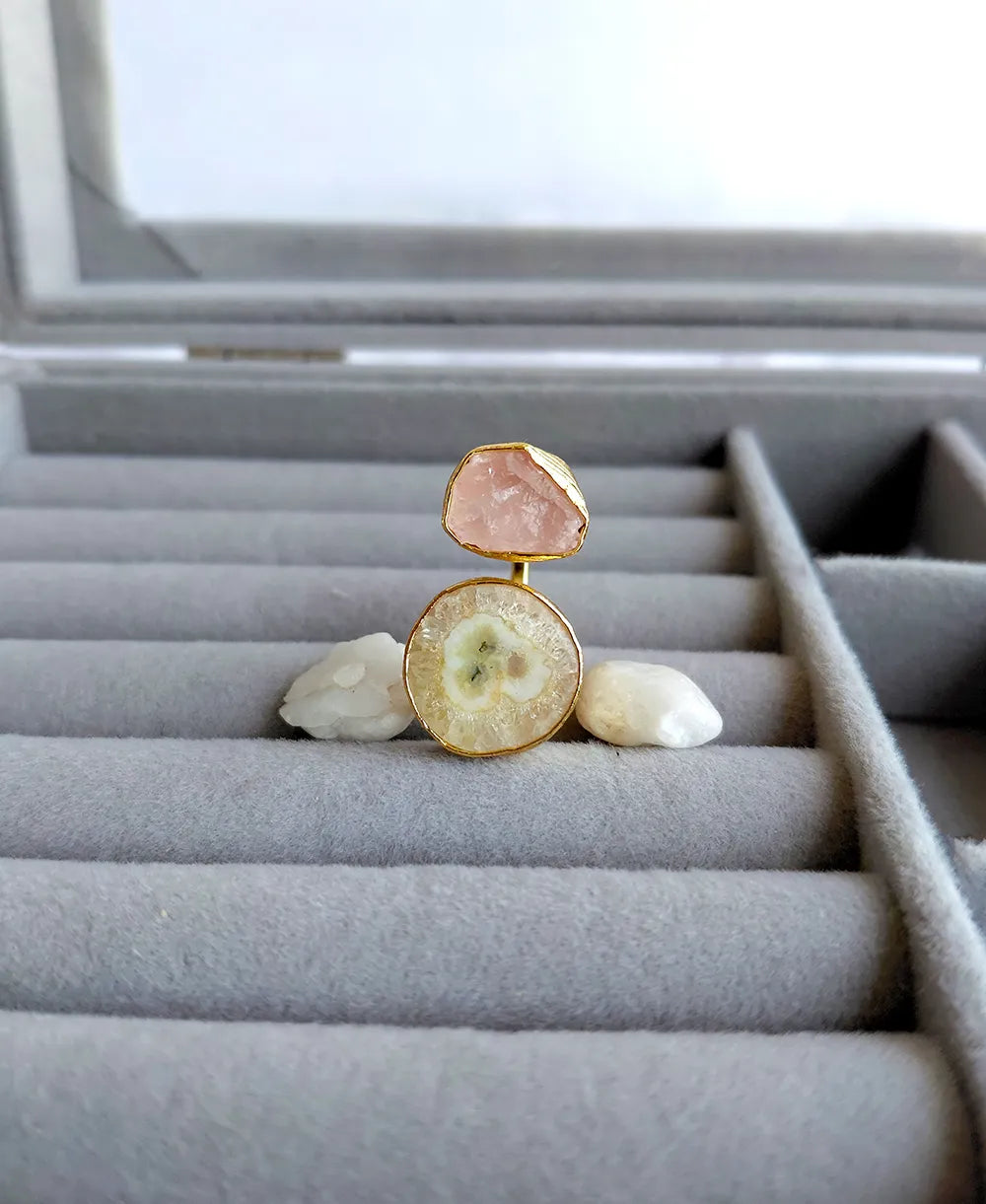 Solar Quartz & Rose Quartz Pearl Adjustable Ring