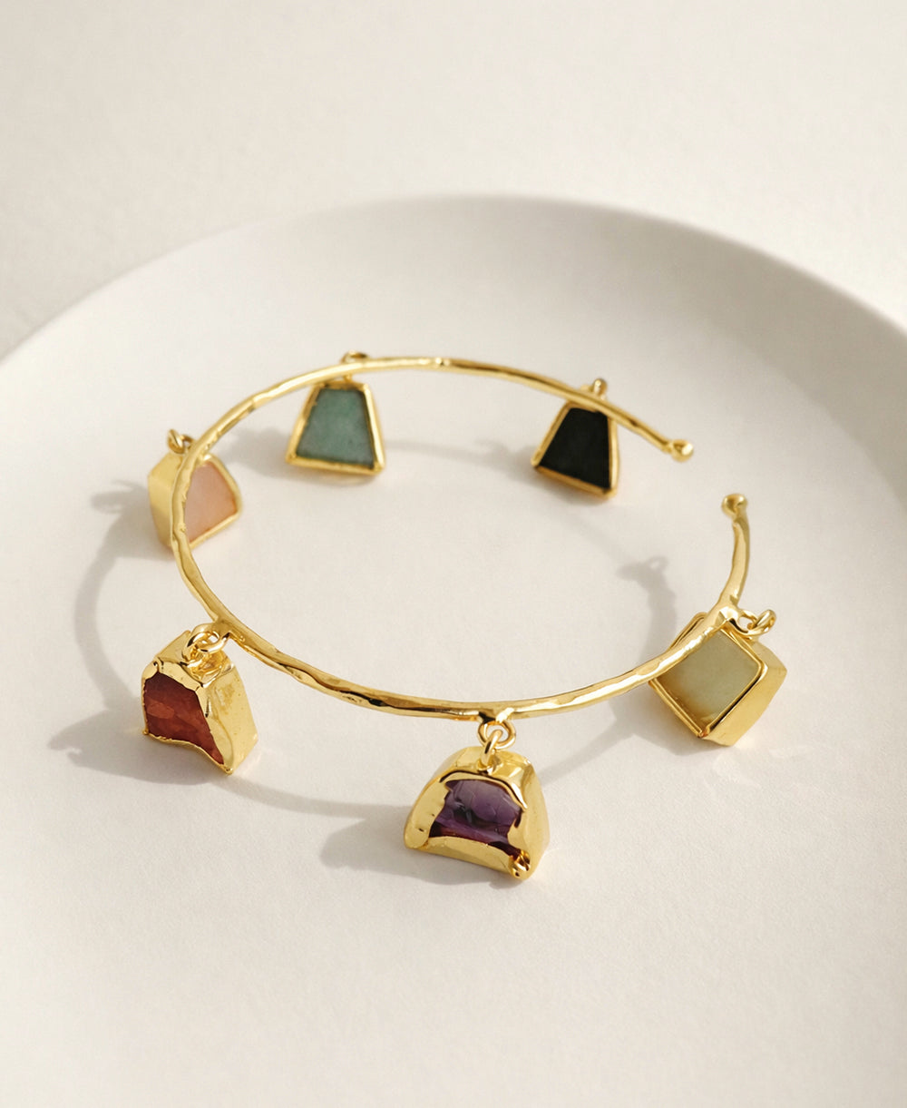 Raw Multi-Gemstone Charm Gold Bangle Bracelet