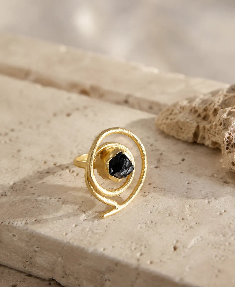 Adjustable Black Stone Gold Ring