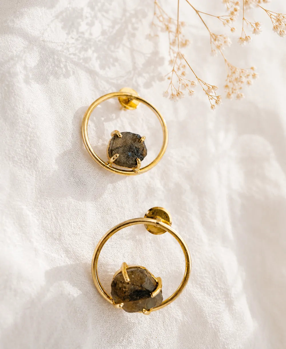 Natural Labradorite Gold Circle Stud Earrings