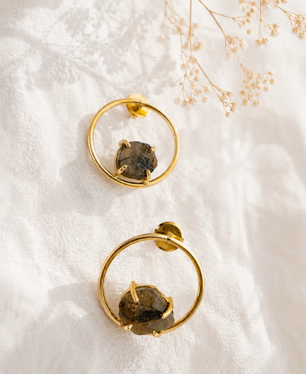 Natural Labradorite Gold Circle Stud Earrings