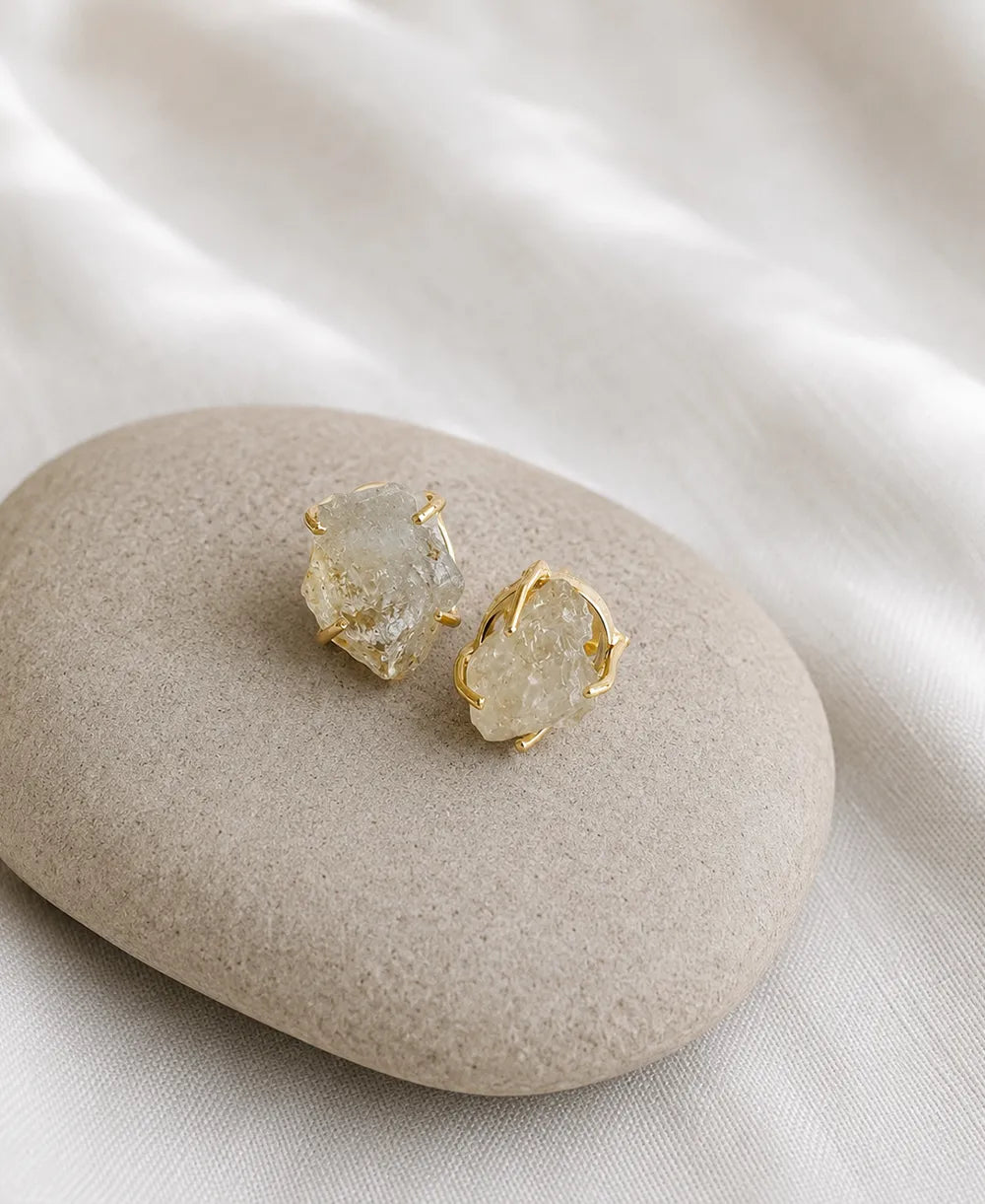 Ice Clear Quartz Raw Gold Stud Earrings
