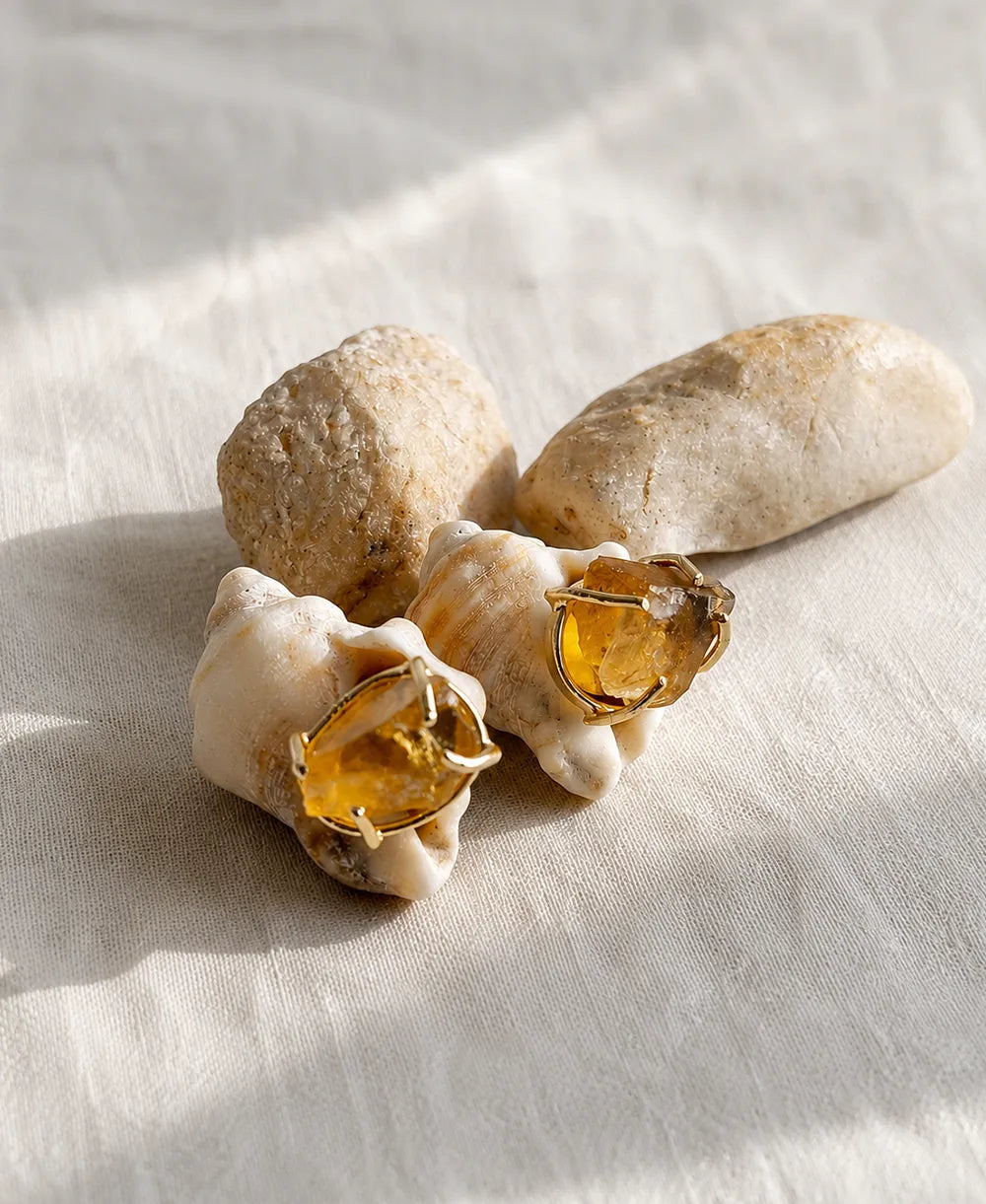 Sunlit Citrine Raw Gemstone Gold Stud Earrings