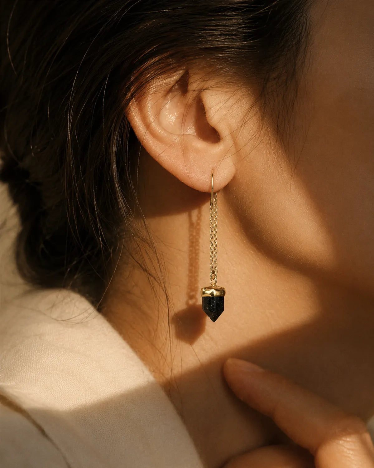 Noir Aura Black Tourmaline threader earrings