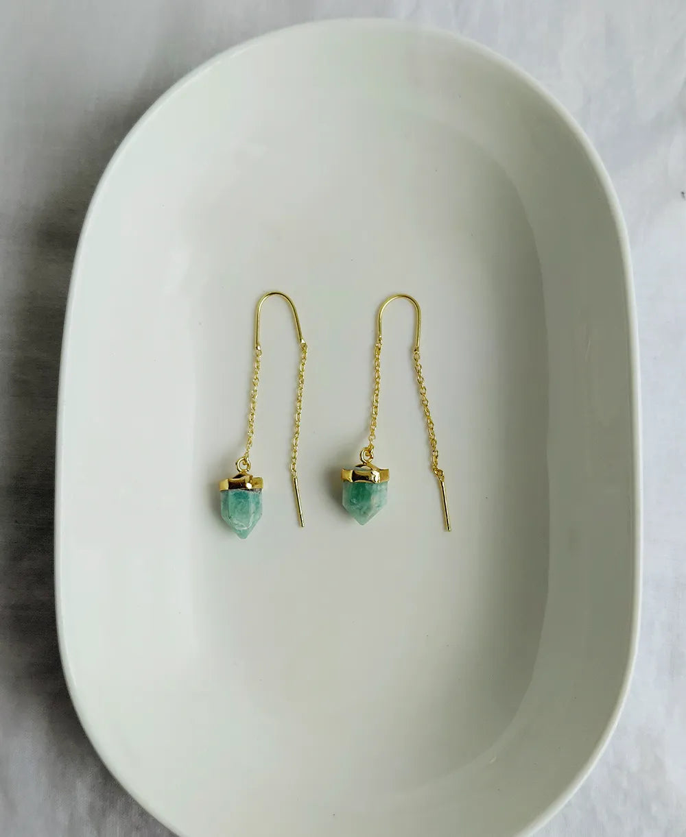 Ocean Crystal Threader Earrings with aqua gemstone and gold chain design