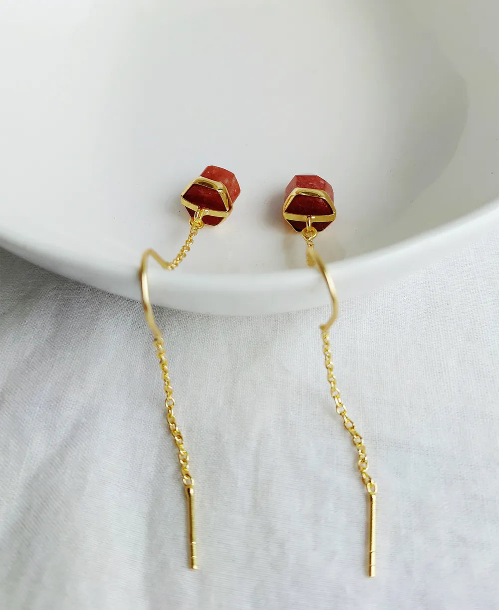 Sunset Carnelian Threader Earrings with natural orange-red stones and gold chain