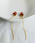 Sunset Carnelian Threader Earrings with natural orange-red stones and gold chain