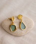 Raw Aquamarine Teardrop Coin Stud Drop Earrings