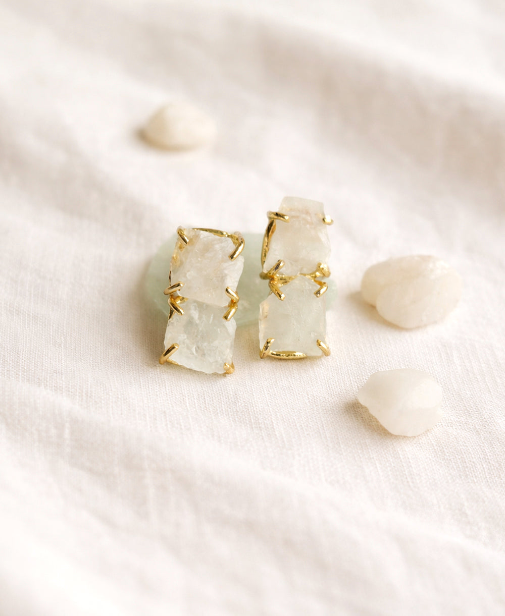 Raw Moonstone Double Stone Gold Huggie Earrings