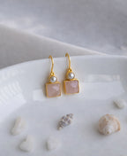 Rose Quartz & Pearl Gold Hook Drop Earrings