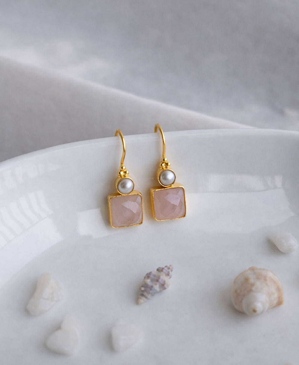 Rose Quartz & Pearl Gold Hook Drop Earrings