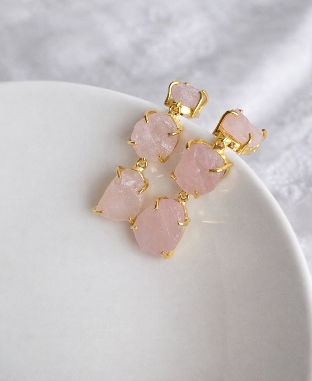 Raw Rose Quartz Triple Drop Earrings