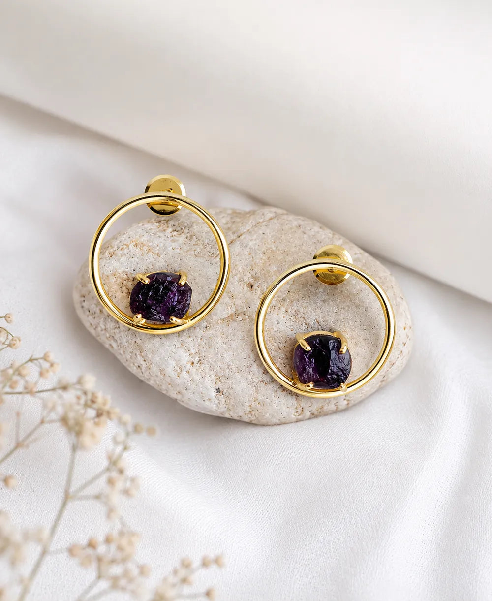 Raw Amethyst Gemstone Gold Circle Stud Earrings