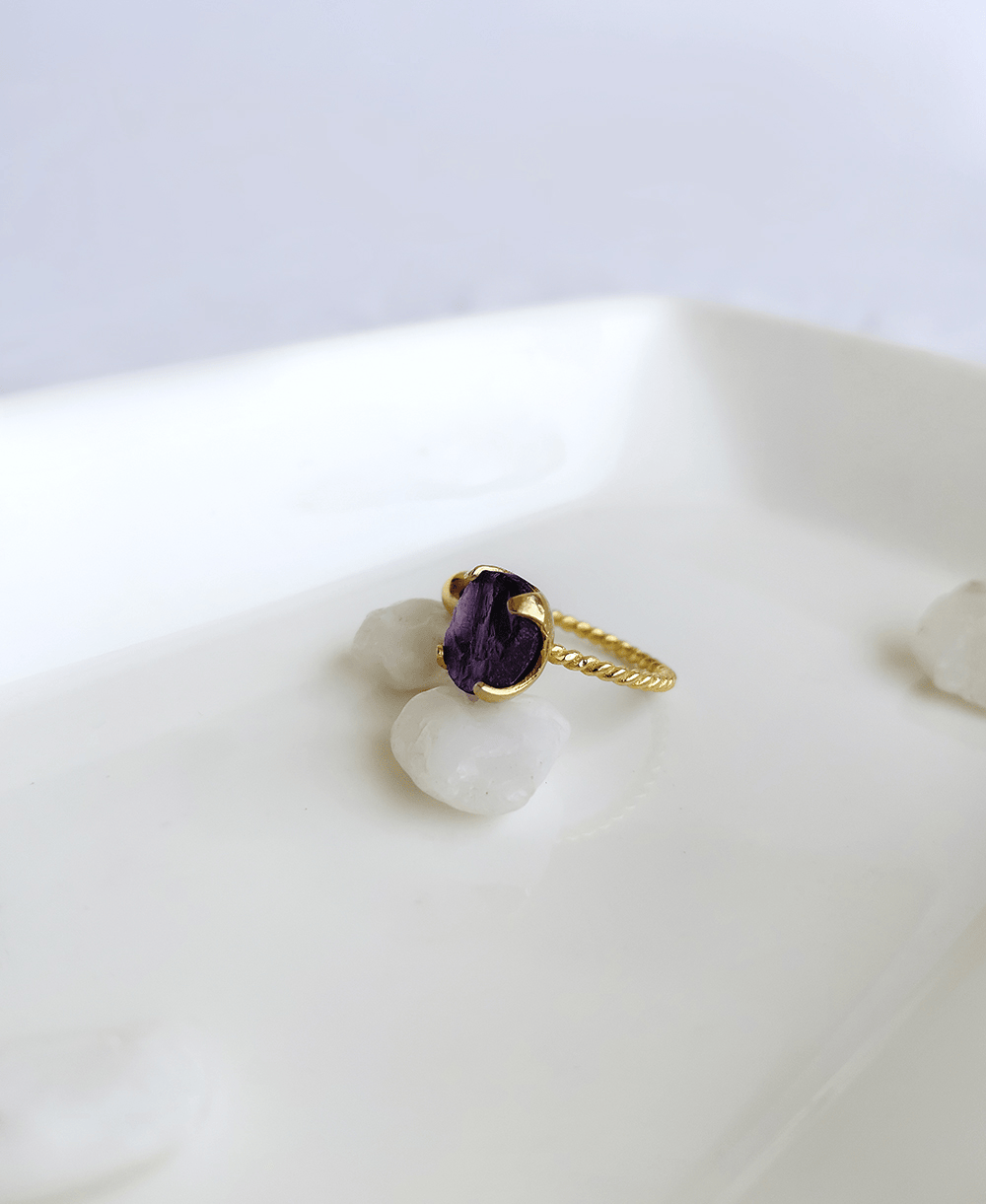 Purple raw Amethyst adjustable ring styled with white crystal stones.