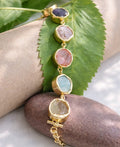 Rainbow raw crystal gold bracelet with Six colourful natural stones