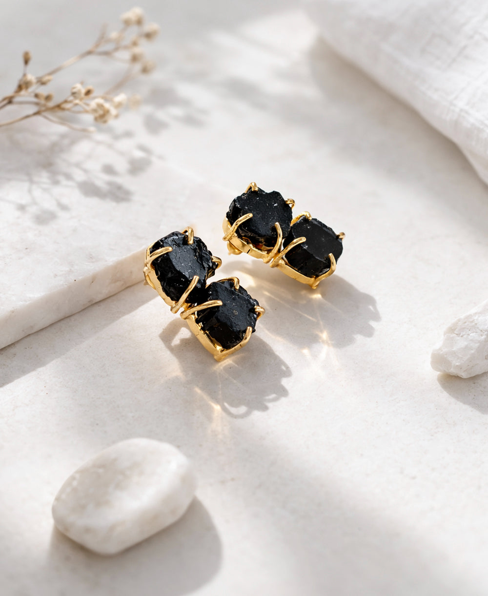Raw Black Tourmaline Double Stone Gold Stud Earrings