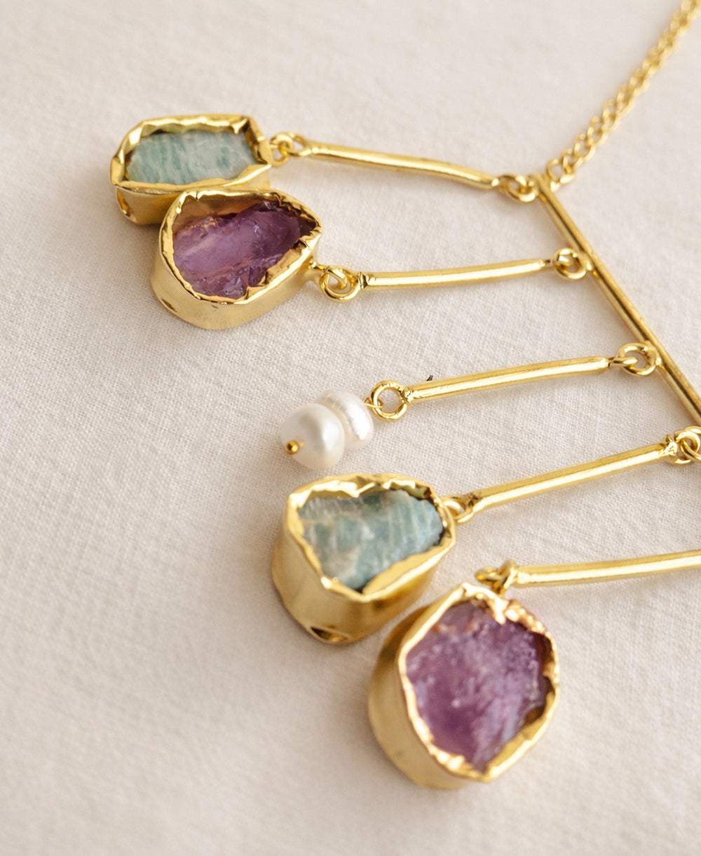 Raw Multi-Stone Bar Fringe Necklace