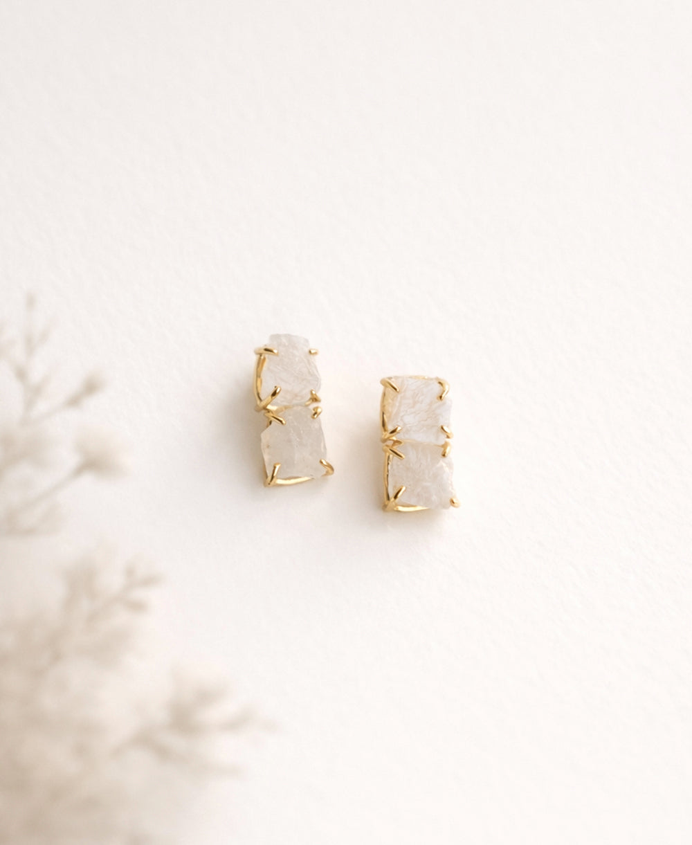 Raw Moonstone Double Stone Gold Huggie Earrings