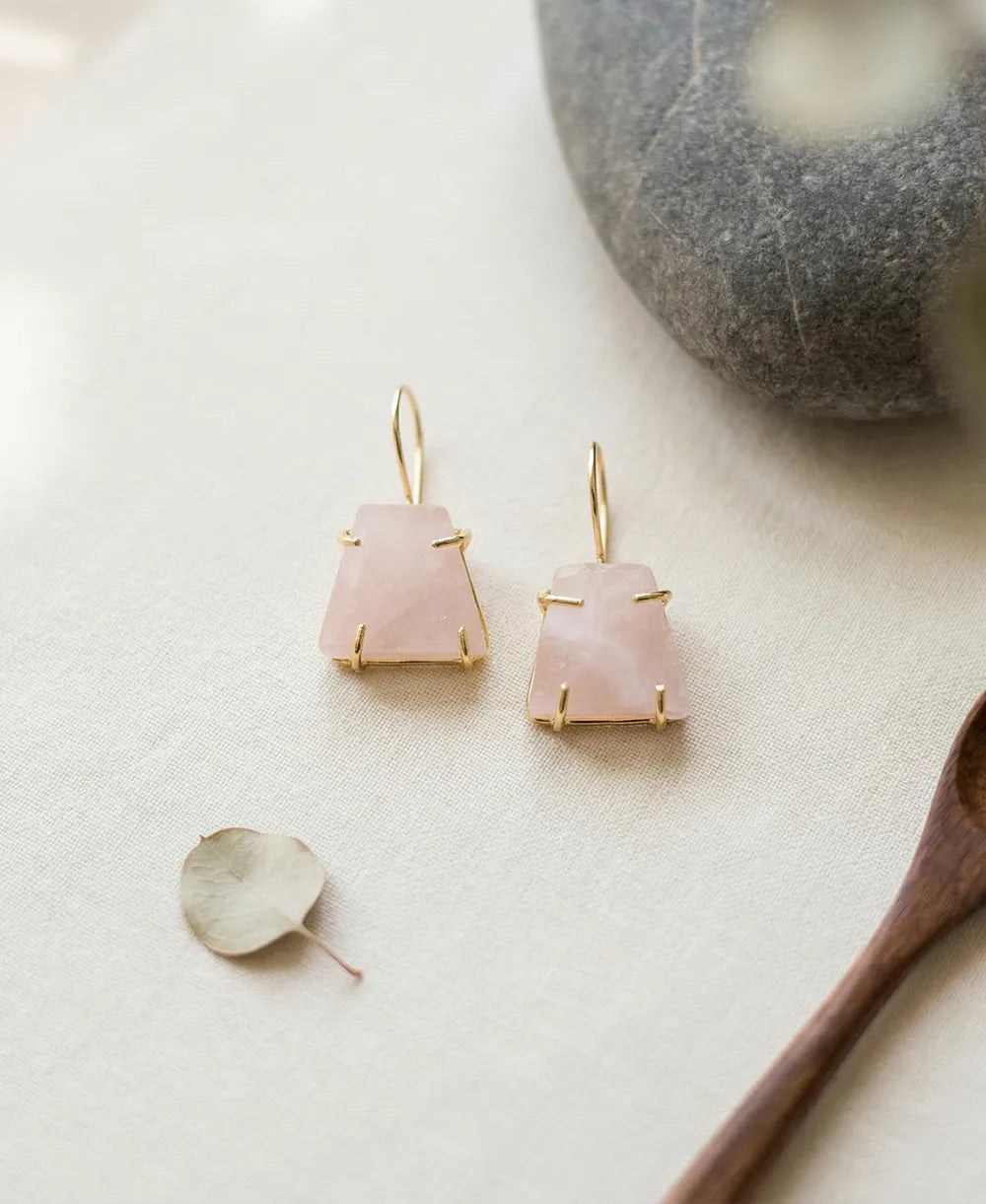 Rose Quartz Love Drop Earrings with natural blush-pink gemstones, French hooks and 18K gold-plated prong setting.