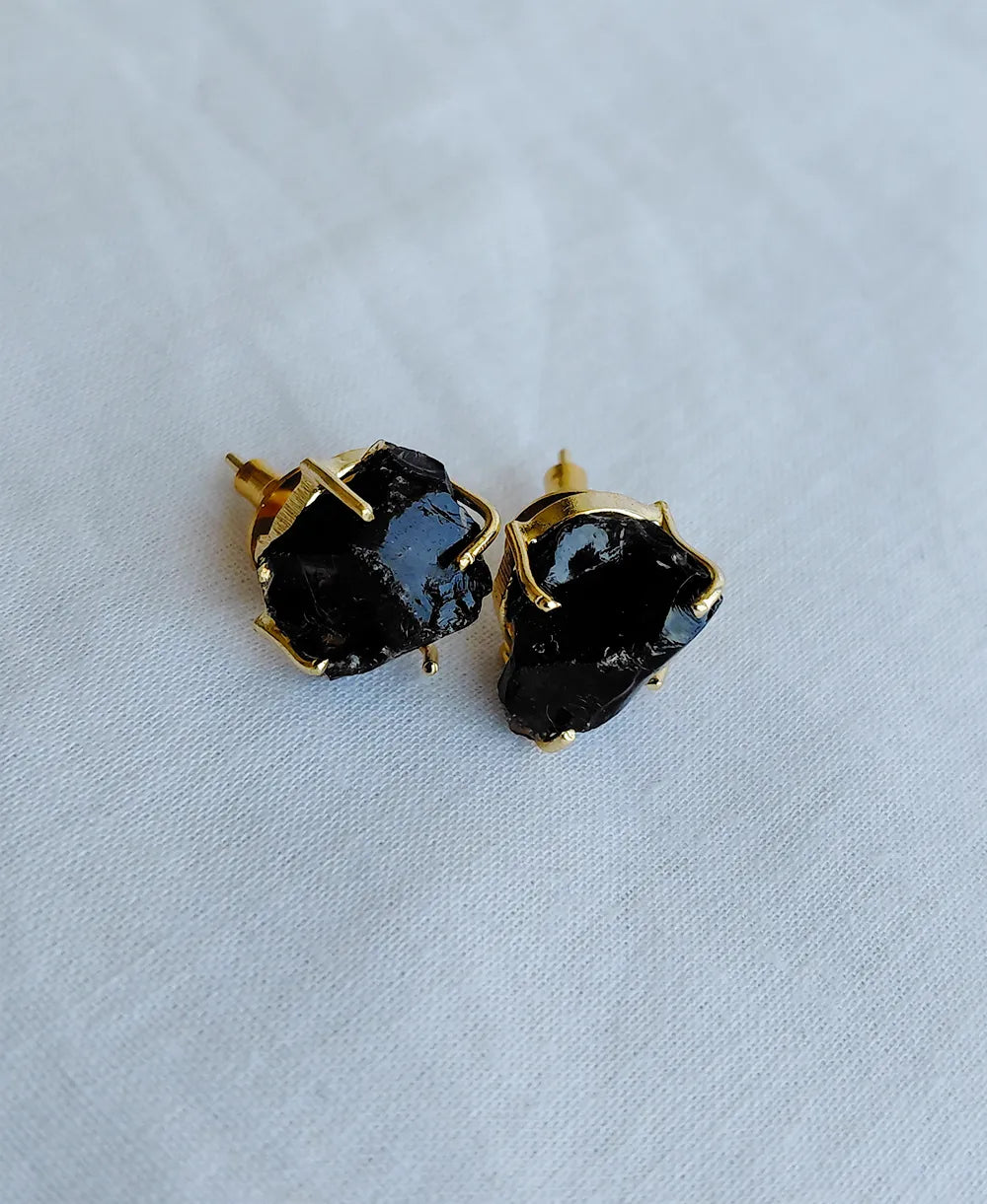 Rough Black Gemstone Gold Studs