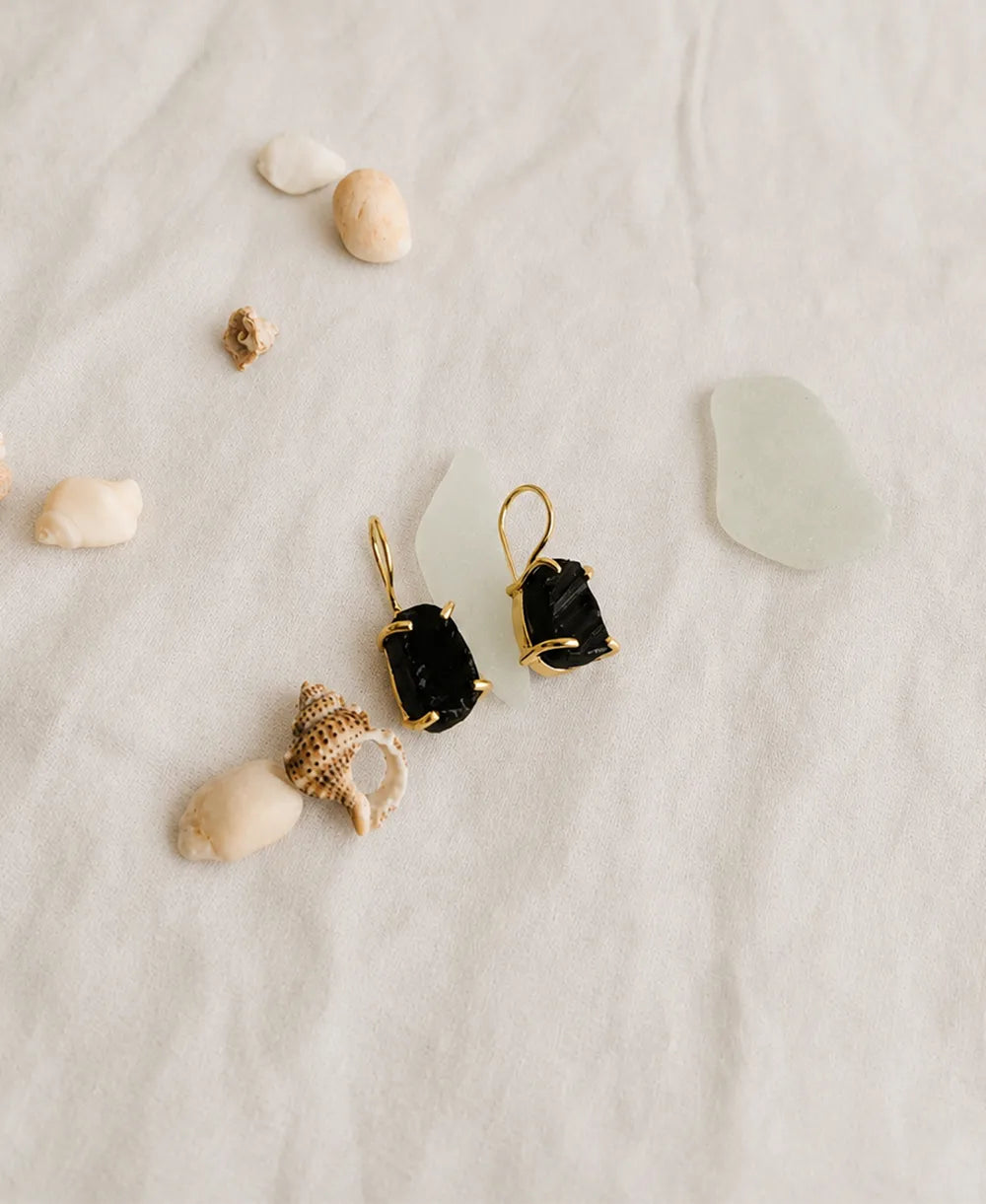 Black Tourmaline Shield Gold Earrings