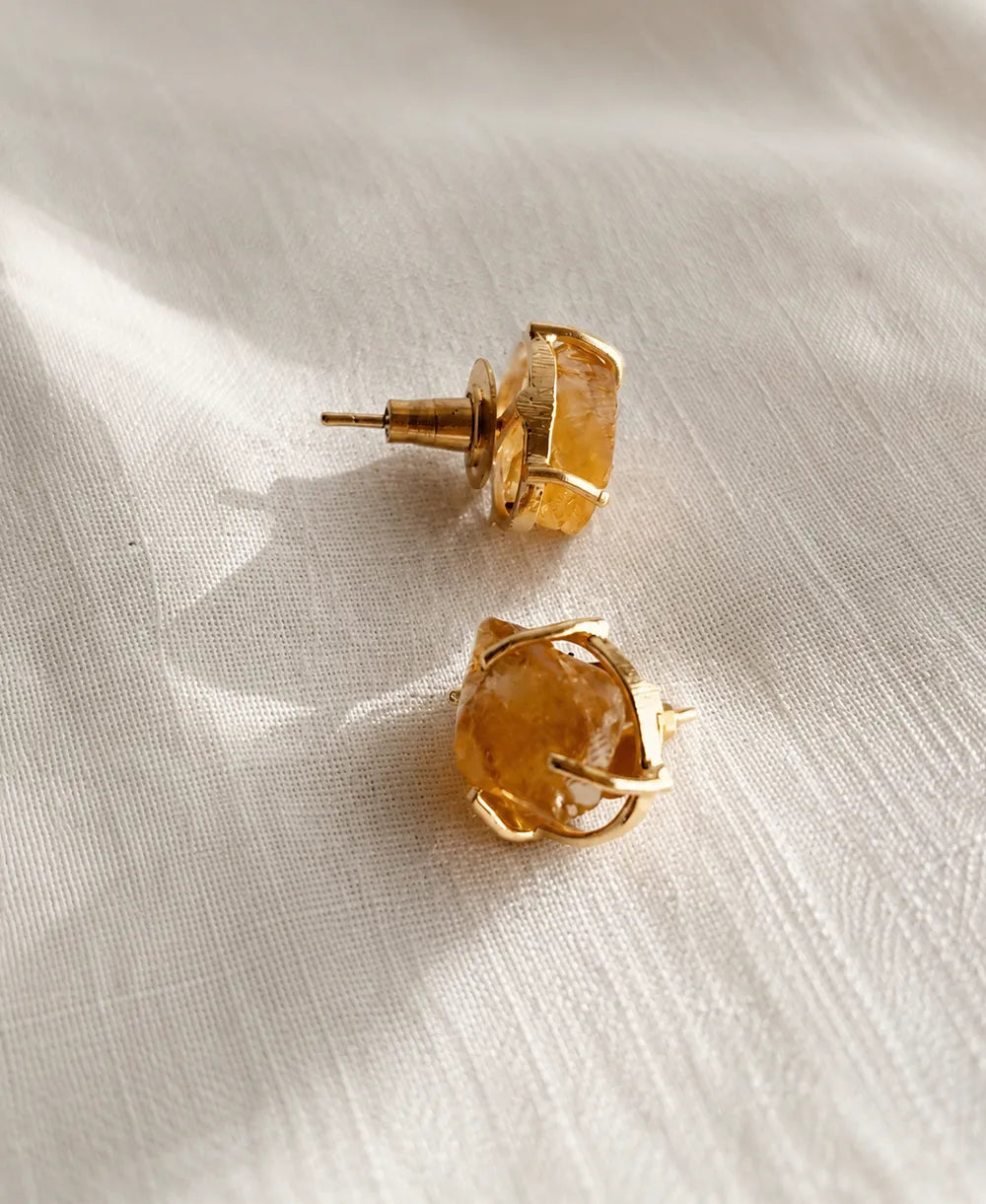 Sunlit Citrine Raw Gemstone Gold Stud Earrings