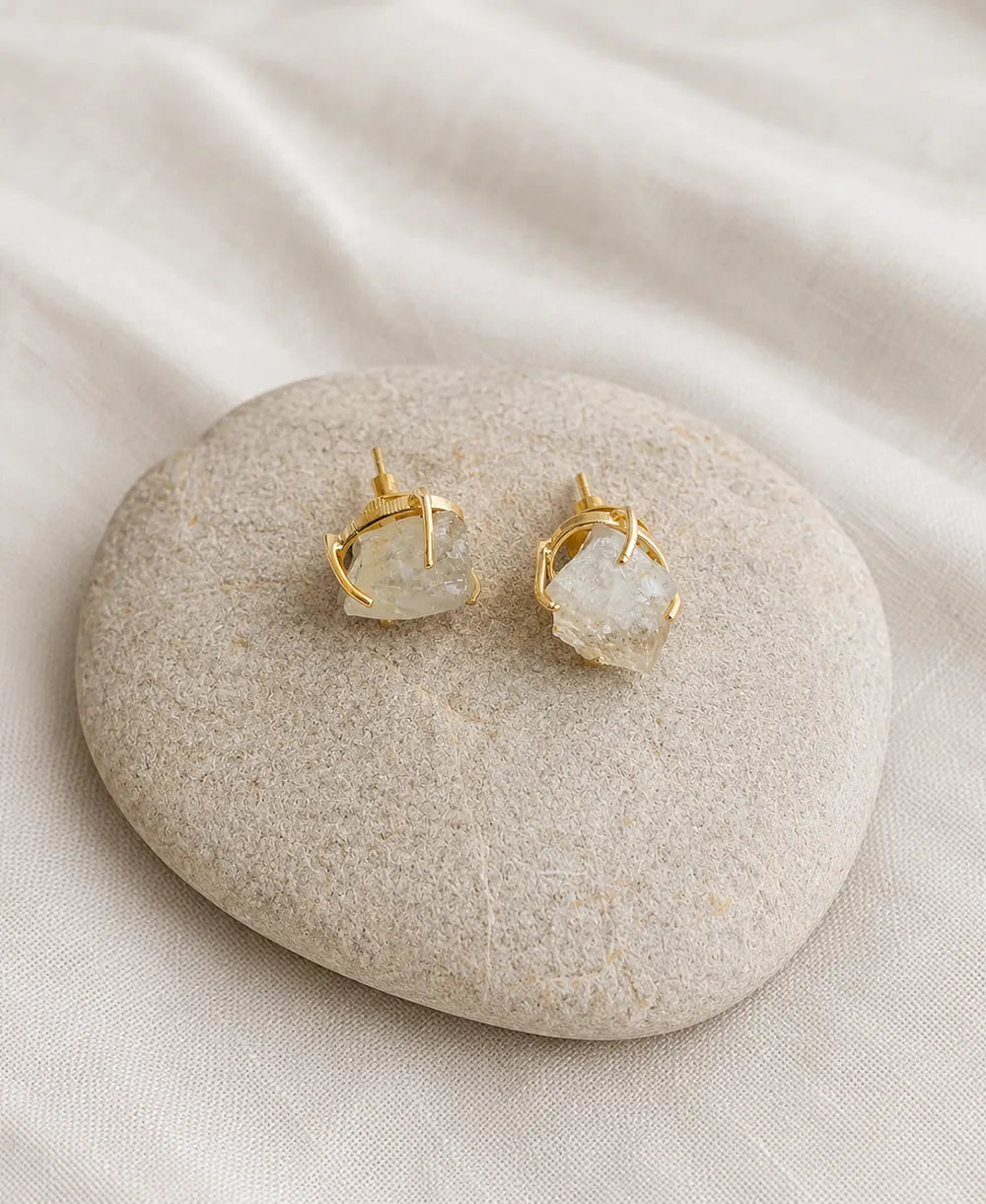 Ice Clear Quartz Raw Gold Stud Earrings
