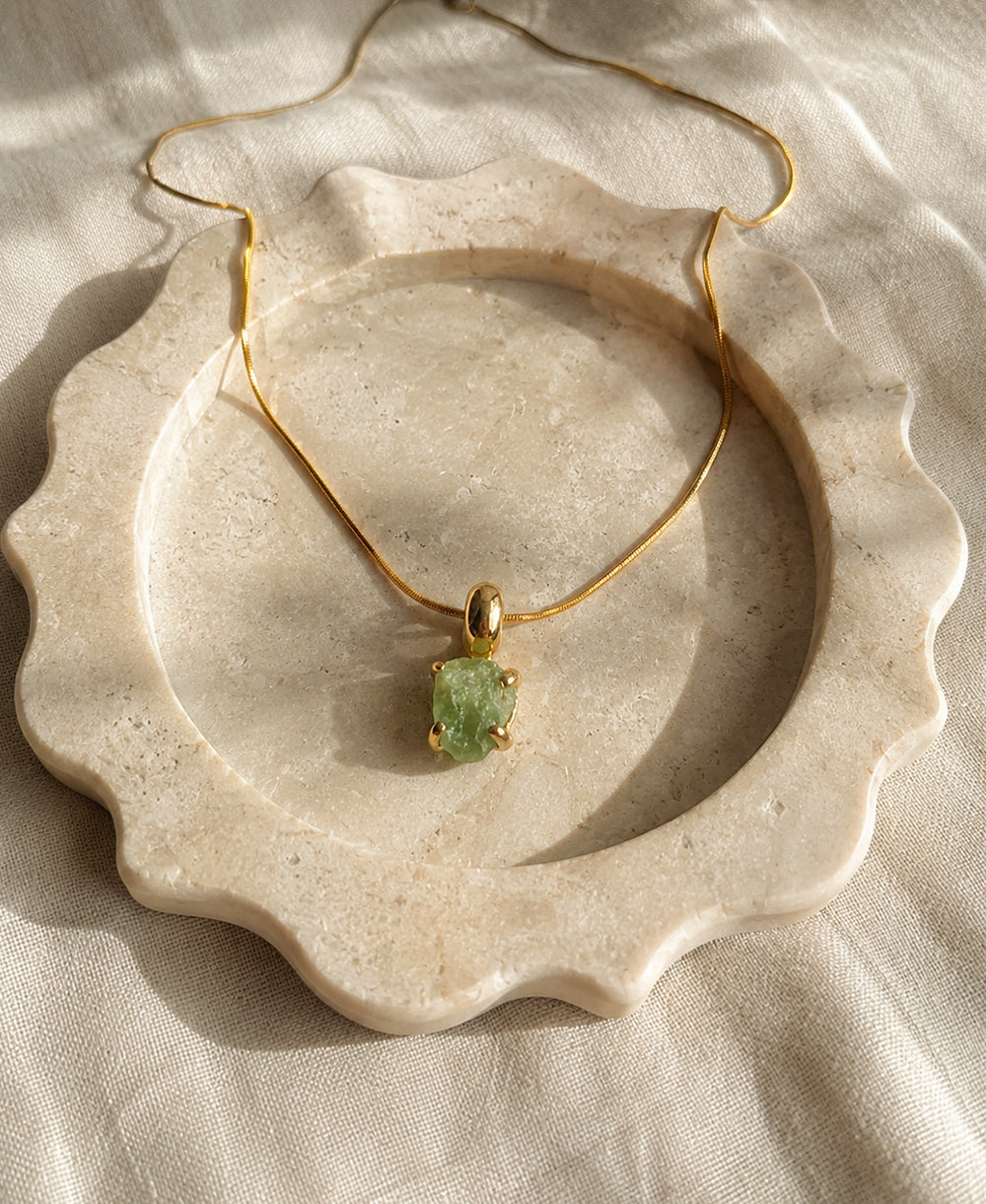 Forest Glow Aventurine 18K Gold Plated Necklace with natural raw green gemstone pendant and sleek gold chain.