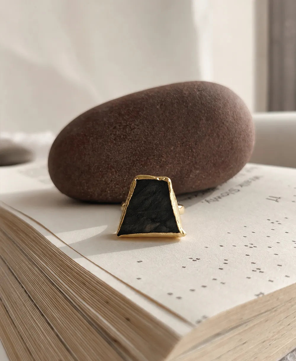 Black Onyx Shield 18K Gold Plated Ring with natural raw black gemstone and adjustable gold-plated band.