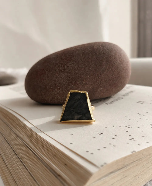 Black Onyx Shield 18K Gold Plated Ring with natural raw black gemstone and adjustable gold-plated band.