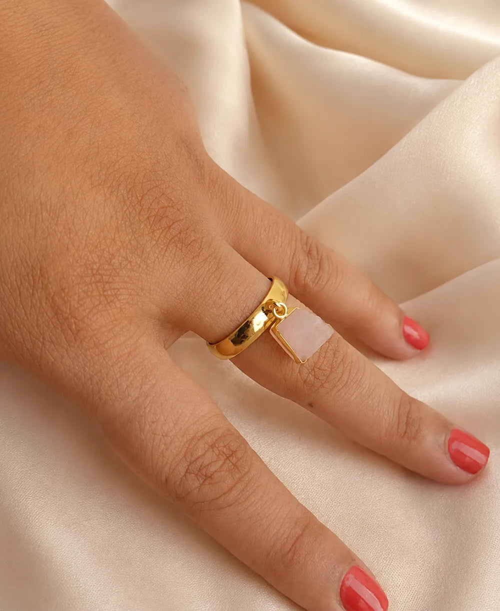 Raw Rose Quartz Charm Adjustable Gold Ring