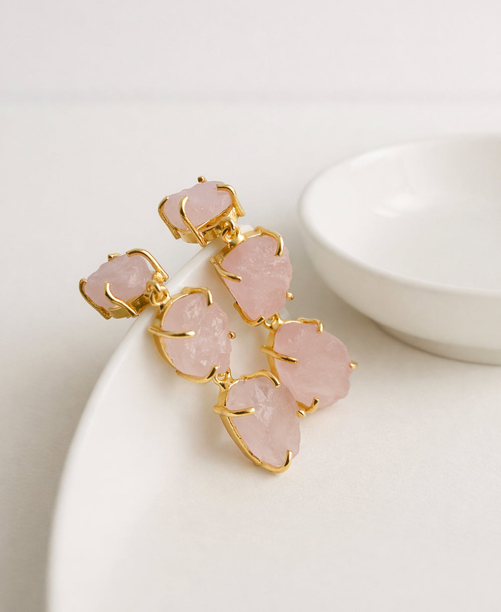 Raw Rose Quartz Triple Drop Earrings