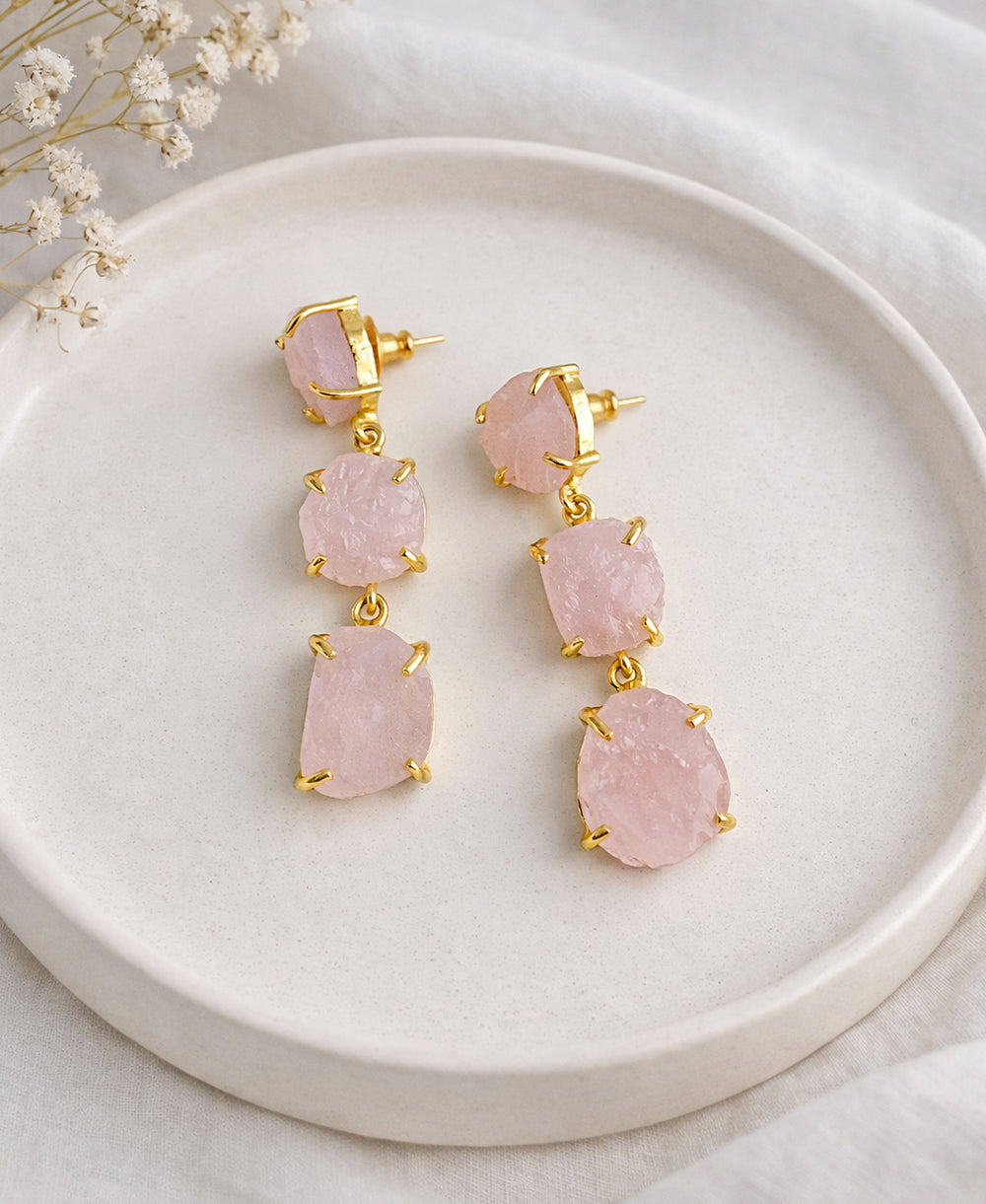Raw Rose Quartz Triple Drop Earrings