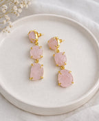 Raw Rose Quartz Triple Drop Earrings