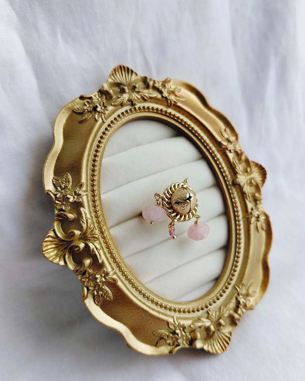 Rose Quartz Heirloom 18K gold plated ring with natural blush pink gemstone drops