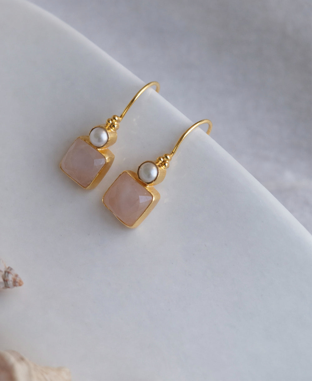 Rose Quartz & Pearl Gold Hook Drop Earrings