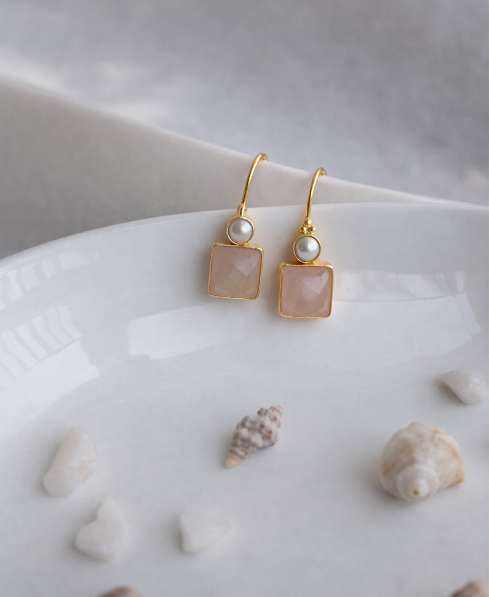 Rose Quartz & Pearl Gold Hook Drop Earrings