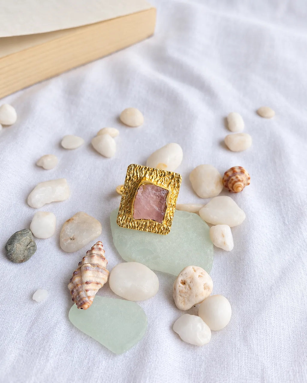 Rose Quartz Textured Gold Statement Ring