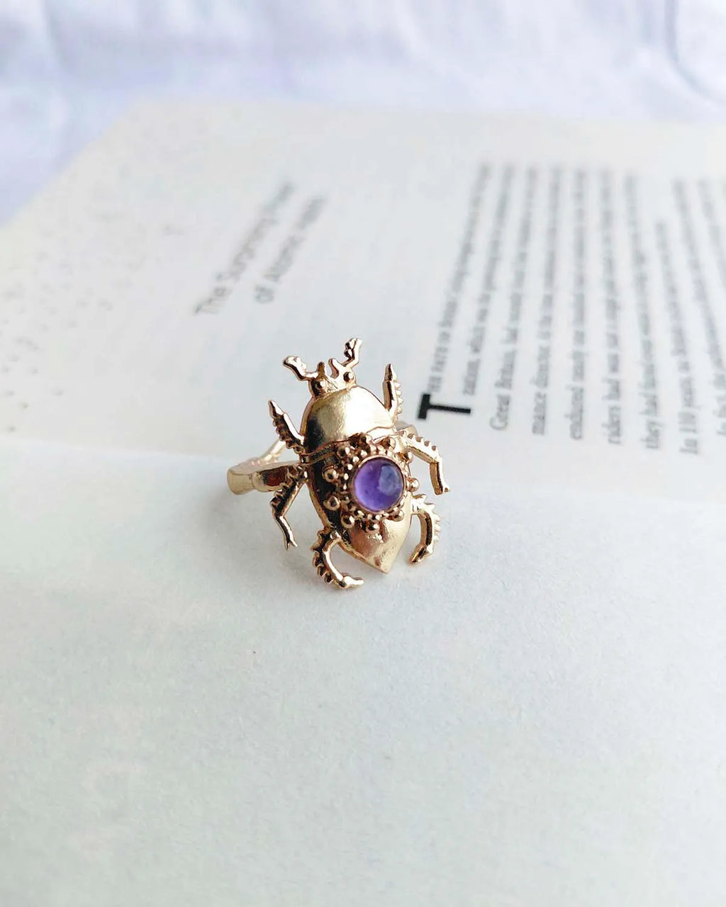 Amethyst Scarab Muse gold plated ring with natural purple amethyst gemstone