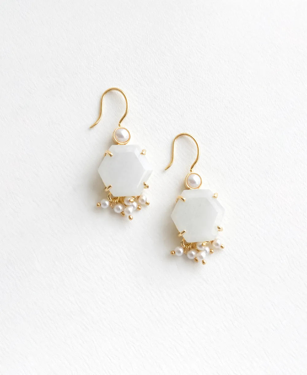 Moonstone Hexagon Pearl Drop Earrings