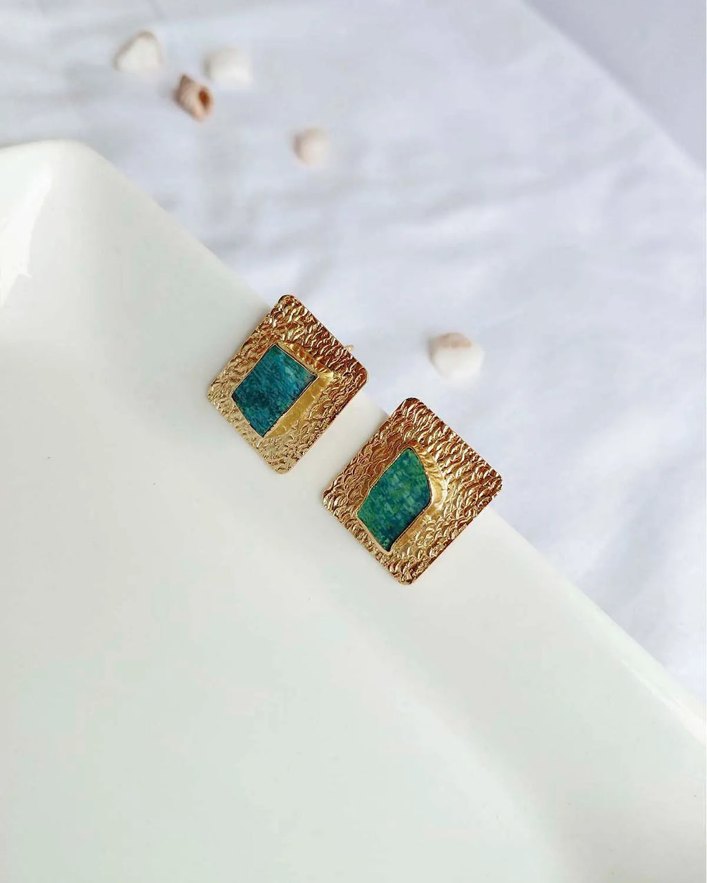 Amazonite Muse 18K gold plated stud earrings with natural stone