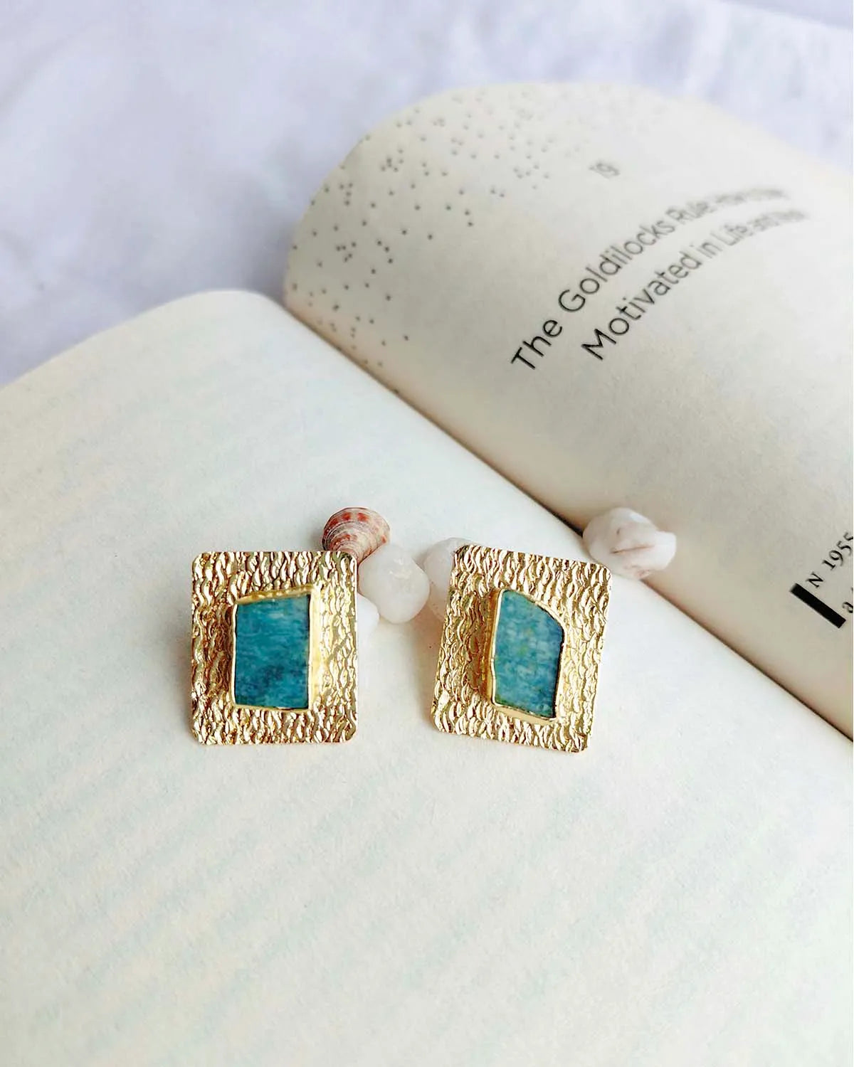 Amazonite Muse textured gold plated stud earrings product view