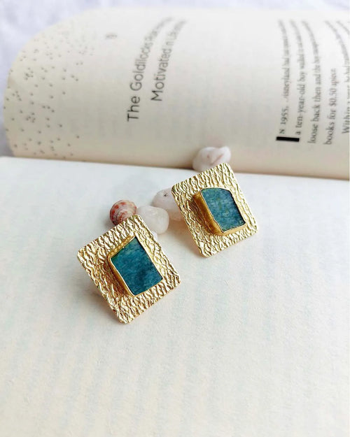 Amazonite Muse 18K gold plated stud earrings close-up