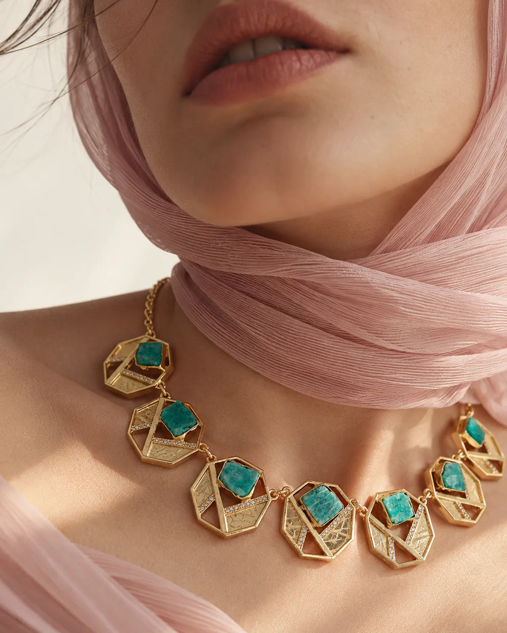 Amazonite statement necklace and earrings set worn on model