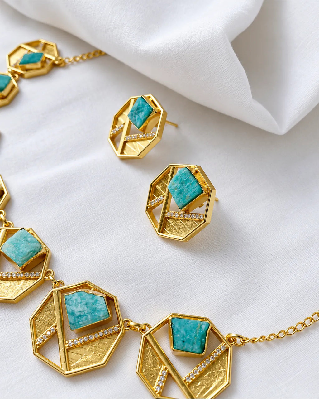 Amazonite statement earrings and necklace close-up