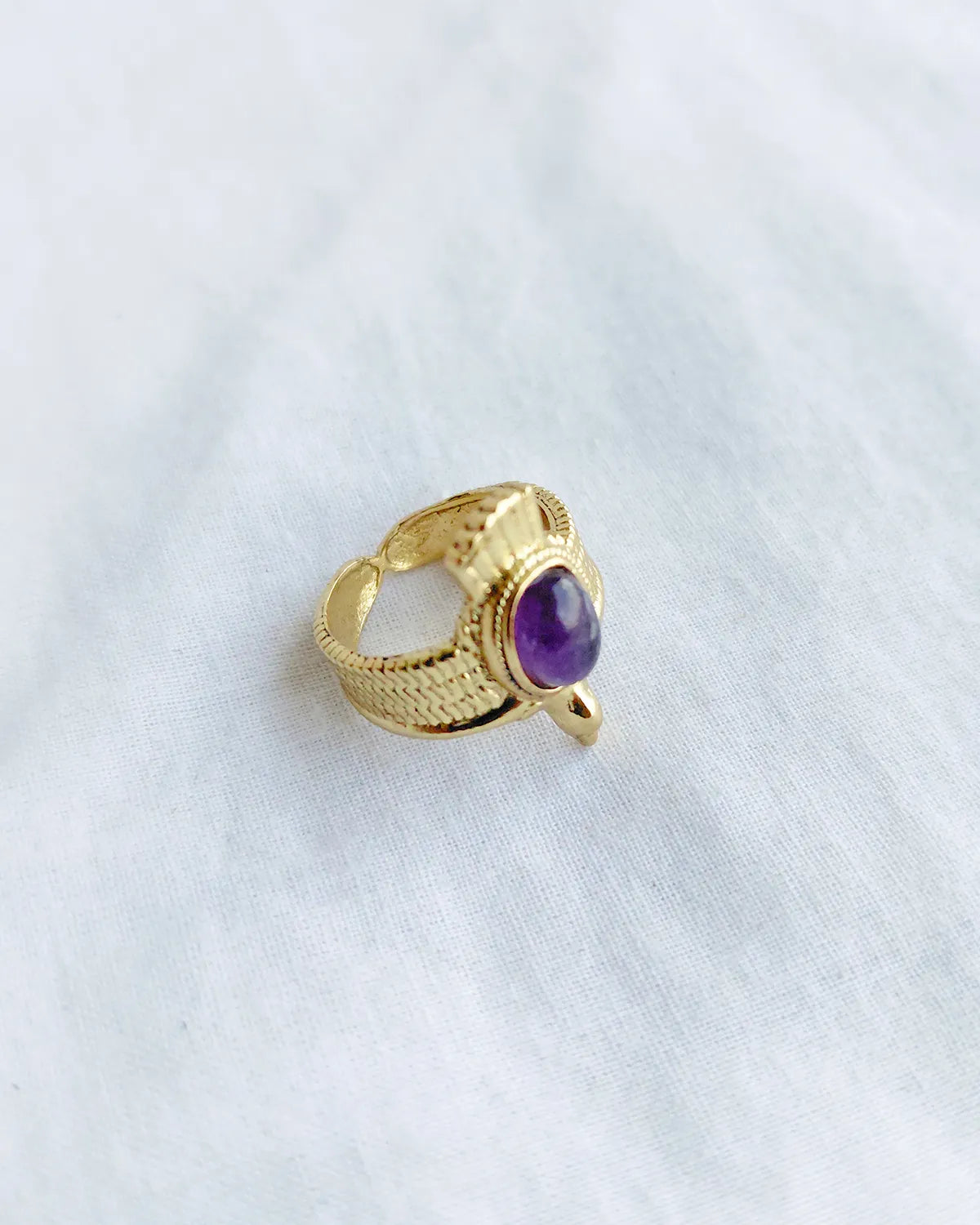 Amethyst gold plated statement ring angled view