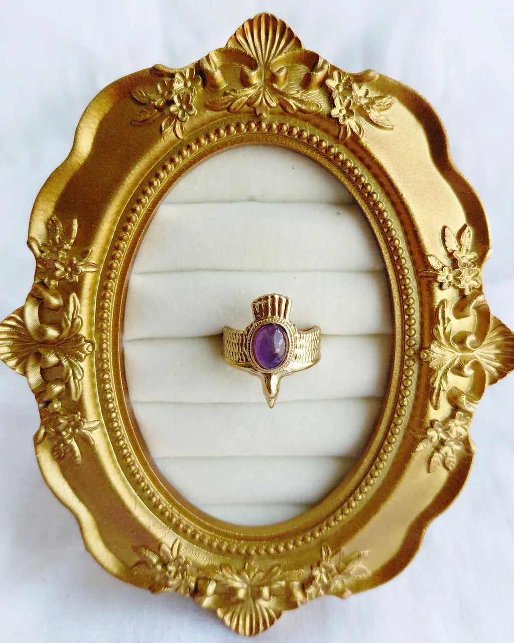 Amethyst gold plated statement ring full styled frame view