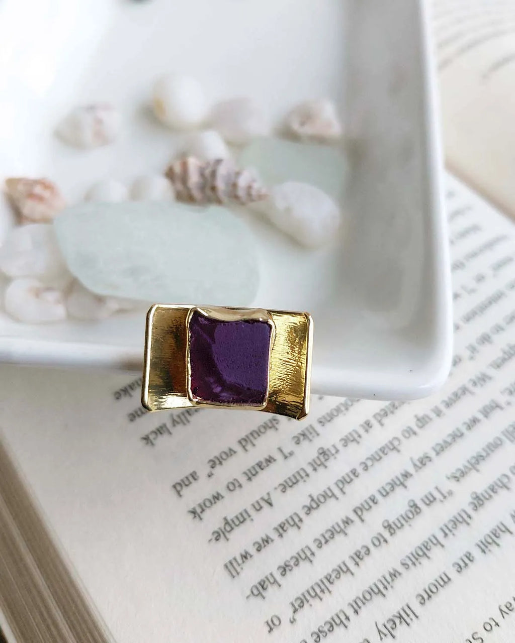 Amethyst gold plated gemstone ring front view