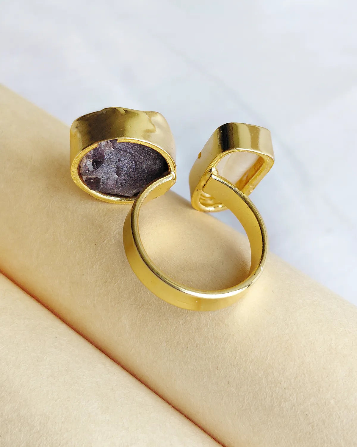 Amethyst and pearl adjustable gold plated ring side view